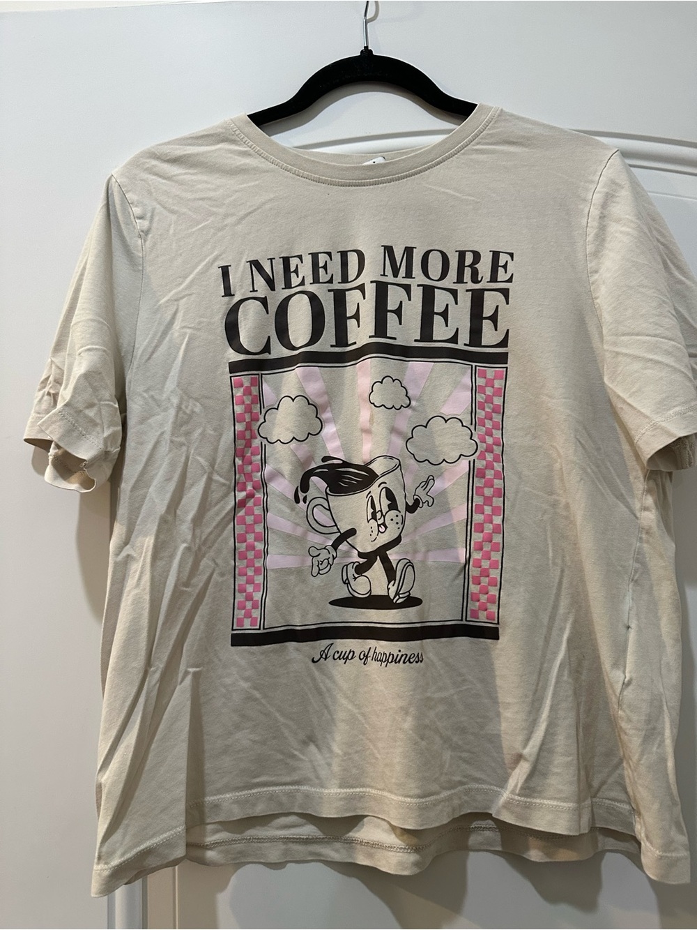 Only Beige Graphic Tee with Pink Accents - "I Need More Coffee"